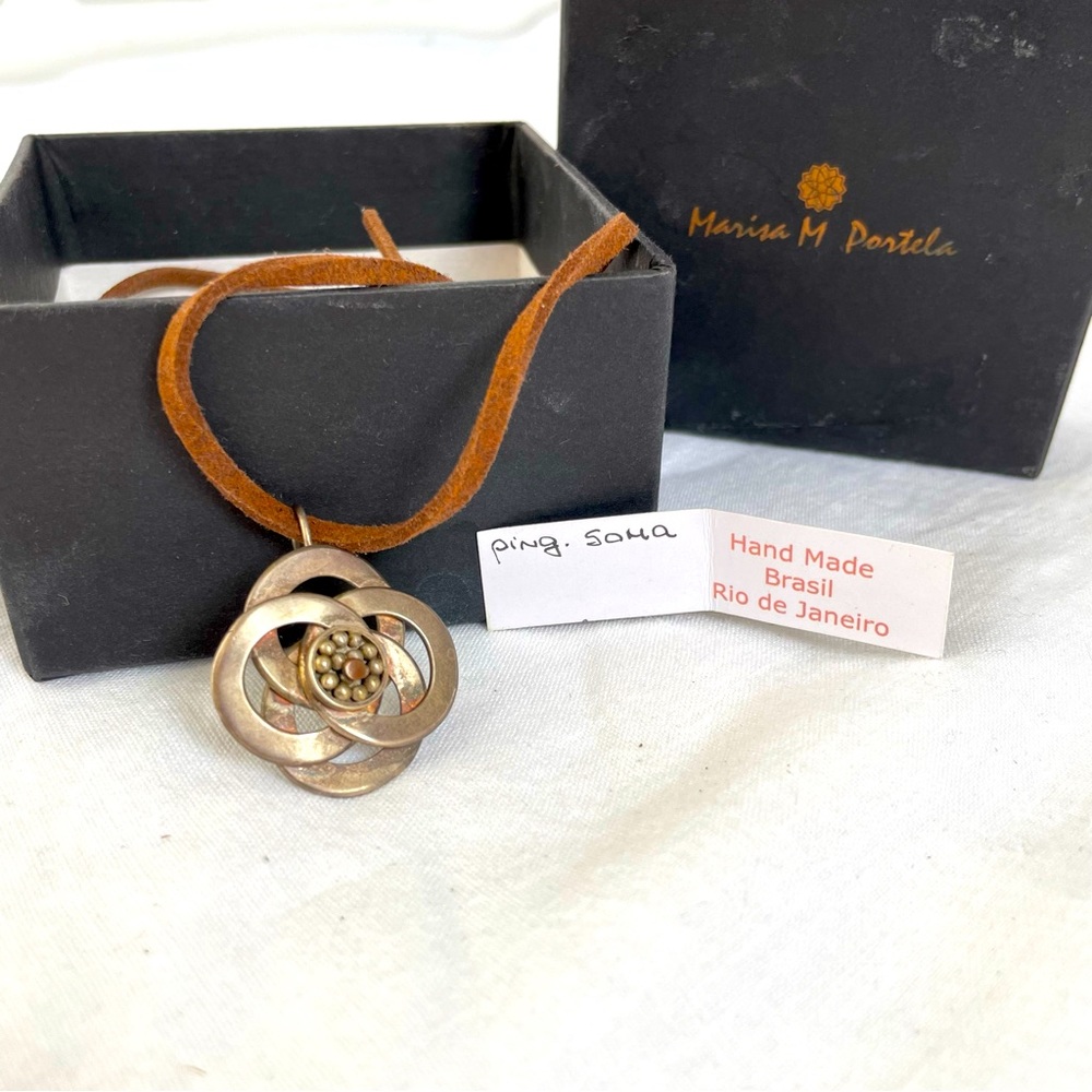 Handmade Necklace Leather and Sterling Silver Ping Soma by Marisa Portela NWOT